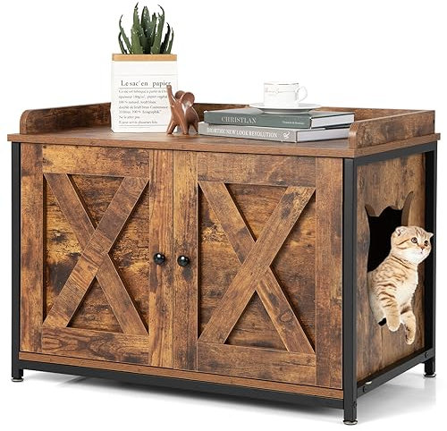 GYMAX Meuble Litiere Chat en Bois avec Double Porte & Repose-Pieds Ajustables, Toilettes Cachées pour Chats avec Cadre Métallique, Maison de Chat Intérieur&Extérieur 80x50x58 cm, Marron Rustique