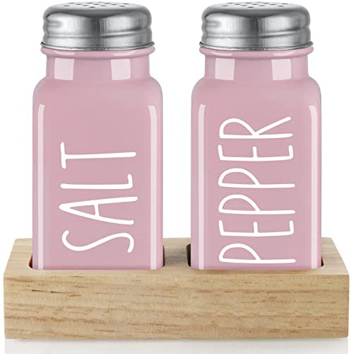 Pink Salt and Pepper Shakers Set with Holder - Pink Kitchen Home Decor and Accessories - Dopeca Glass Salt Shaker with Wood Tray for Kitchen Counter or Table -2.7 oz