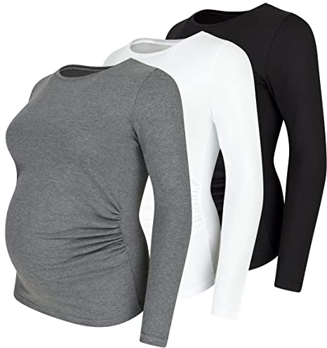 M.M.C. Umstandsshirt Langarm Damen 3er Pack – Umstandsmode Basic, unifarben, mitwachsende Raffung, 95% Baumwolle (Schwarz, Weiß, Dunkelgrau, M)