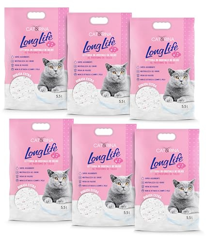 Cat&Rina LongLife Talkumpuder, Set mit 6 Packungen Silizium-Katzenstreu, je 5,5 l, mit Siliziumkristallen, Vorratspackung für bis zu 6 Monate Katzensand, antiallergisch und bakteriostatisch.