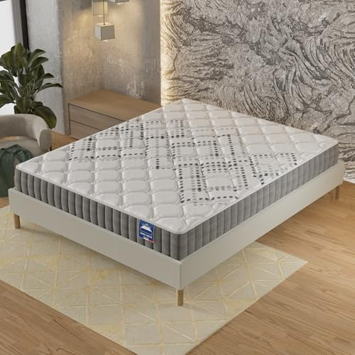 NOVEMBER- Ensemble Matelas + sommier (90 x 190cm)- Matelas Eliha Ressorts ensachés & Mousse Haute Densité d’épaisseur 20cm + Sommier Bois Stable & Robuste revêtement Tissu Blanc