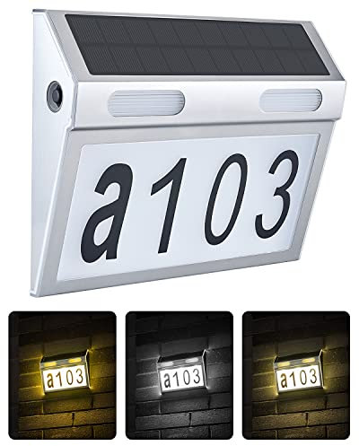 Solar beleuchtete Hausnummer mit 10 LEDs, Edelstahl Hausnummer Beleuchtet Solar mit 3 Modi und Schalter, Hausnummernschild Beleuchtet Wasserdicht Hausnummernleuchte Adressanzeigen für Haus Straße