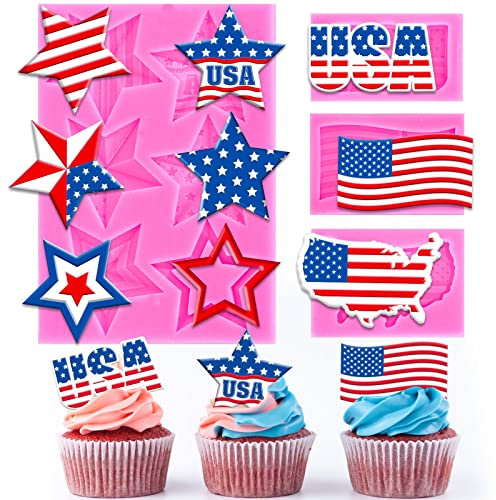 Whaline Silikonformen zum 4. Juli, 3D-Fondantformen, Motiv: amerikanische Flagge, Schokoladenformen, USA-Karte, Sterne, Cupcake-Backen, Dekorationen, Formen für Unabhängigkeitstag, DIY-Party, 4 Stück