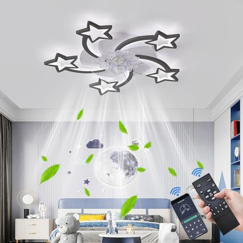 Enfant Ventilateur Plafond avec Lumiere Silencieux 6 Vitesses Dimmable Lustre Ventilateur de Plafond Led Réversible Hiver Été Plafonnier Ventilateur Design APP Minuterie pour Chambre Salon-Black