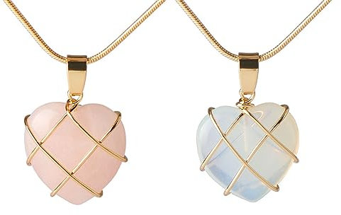 2 Collier De Quartz Rose, Collier en Diamant Cœur pour Femmes Filles avec Pierre Naturelle Bijoux Petit Cadeau Enveloppé Pendentif en Forme de Cœur Barbie Collier Château de Diamant Collier Coeur