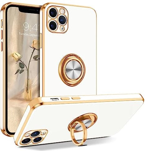 DOMAVER Case for iPhone 11 Pro with 360° Ring Holder, Shockproof Slim Kickstand Magnetic Support Car Mount Women Men Non-Slip Protective Phone Case for iPhone 11 Pro 5.8, White/Gold