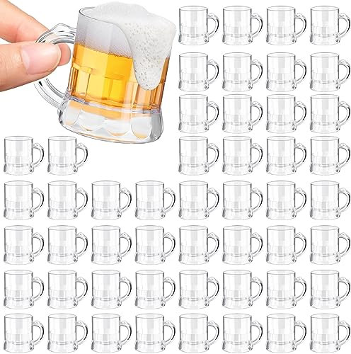 Yinder 2 oz Mini Beer Mug Plastic Shot Glasses Beer Mug Glass with Handles Clear Mini Solid Base Reusable Beer Stein Tasting Glasses for Vodka, Whiskey, Espresso, Birthday, BBQ Party (50)
