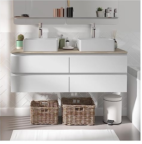 MOB-IN Ensemble Meuble Double Vasque Blanc 120cm + 2 vasques + 2 robinets Sorrento