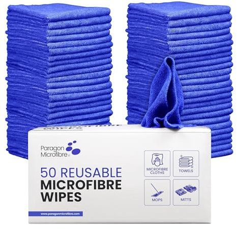 PARAGON Mirofibre 50 Reusable Wipes, Pack of 50, Cloth Size:30 x 30cm, Lint Free, Car Cleaning, Window & Glass, Dusting, Multipurpose, Blue