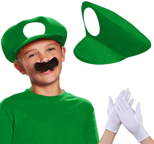 SEMINISMAR Kostuim Zubehor,Grün Mutzen Handschuhen Klebe-Barten fuir Erwachsene und Kinder,kostüm,Brüder Kostüm Hut Cap,Hut Cosplay,Hut Cap Herren DamenKappe fur Verkleidung Karneval Halloween,Grün