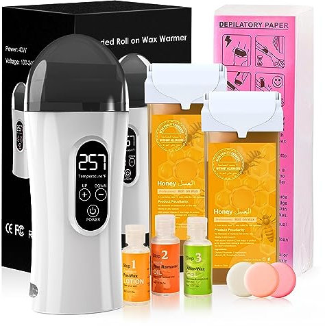 Roll On Cire Epilation, Kit Chauffe Cire Épilation Professionnelle avec 2 Miel Cartouches de Cire, 100 Bandes Epilation, Kit de Traitement Pré- et post-épilation,Kit d'épilation pour Grandes Surfaces