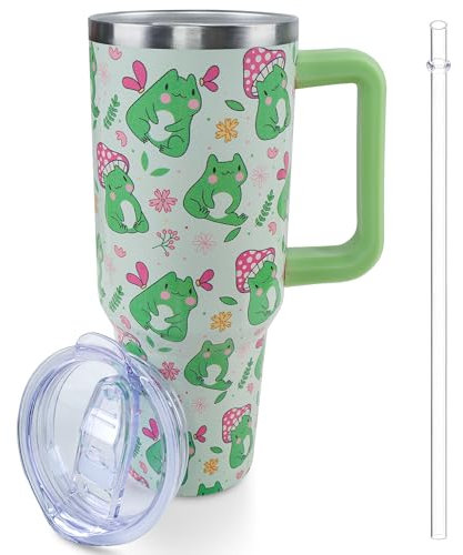 Lumumanber 40 oz Frog Mushroom Tumbler with Handle and Straw, Travel Mug Water Bottle, Stainless Steel Insulated Cup with Lid and Straw, Birthday Christmas Gifts