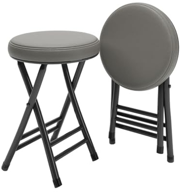 Klapphocker 50cm, rückenfreier Kleiner Klappstuhl, strapazierfähiges Kunstleder, runder gepolsterter Sitz, Faltbarer Hocker für kleine Räume, Wohnungen, Wohnheime (Color : Gray, Size : 50cm/20in)