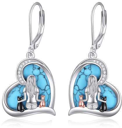 YFN Katze Ohrringe Sterling Silber Katze baumeln Drop Leverback Ohrringe Schmuck Katze Geschenke für Frauen (Silber-Türkis-Ohrringe für Katzen)