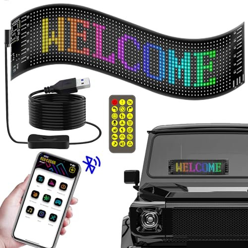Flexibler LED Anzeigetafel, 37.4 x 9.2 cm LED Schild Laufschrift Programmierbar, Personalisiert Laufschrift Panel mit Bluetooth Smart App USB Betriebene für Auto LKW Bar Spielzimmer Party Werbetafel