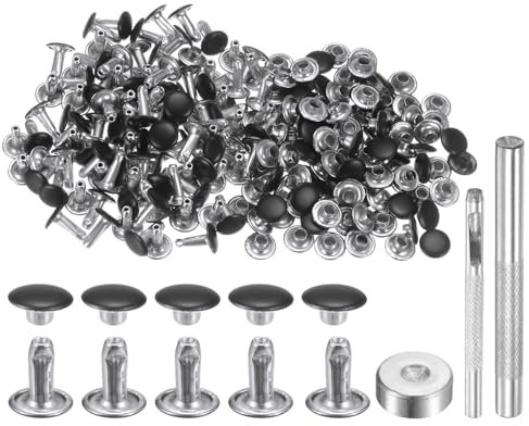 QUARKZMAN 100 Juegos Remaches de Cuero 8mm x 10mm Metal Doble Tapa Remaches Broches de Presión Remaches de Tachuelas Con 3 Herramientas de Ajuste para Manualidades Negro Mate