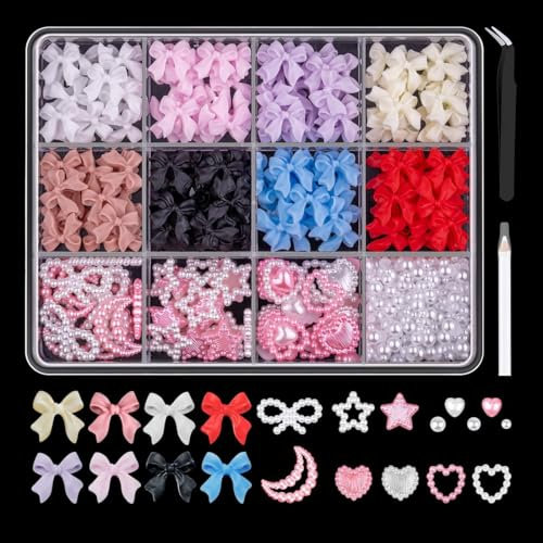 LAWALEISHE 500pcs 3D Nail Charms, Assorted Color Multi Shapes Mix Bow Nail Charms, Heart Star Moon Gems Charms Bowknot Rhinestones Nail Art Charms with Pickup Tool for Women Girls Nail DIY Accessories