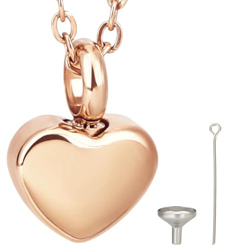 CREATCABIN Heart Urn Necklace for Ashes Keepsake Cremation Jewelry Stainless Steel Urns Pendant Mini Jewelry Rose Gold Pendant with Cable Chain Funnel Pin Waterproof for Women Men 12x17mm