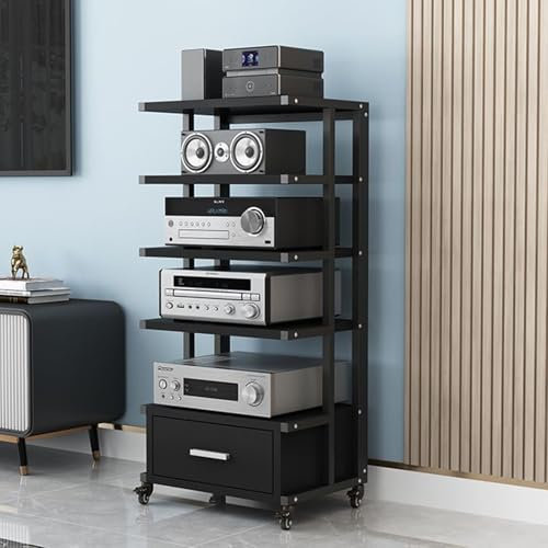LYXWGRZD 5-stufiger Audio Rack HiFi Regal, multifunktionales HiFi Rack, Phonoschrank mit Rädern, Plattenspieler Regal, perfekt for Ecken und kleine Räume(Nero)