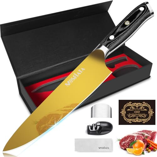 MOSFiATA 8 Zoll Kochmesser Titanbeschichtete Gold–EN1.4116 Hochkarbon Edelstahl Küchenmesser, Messer mit Fingerschutz, Messerschärfer und Pflegetuch – Geschenkverpackung