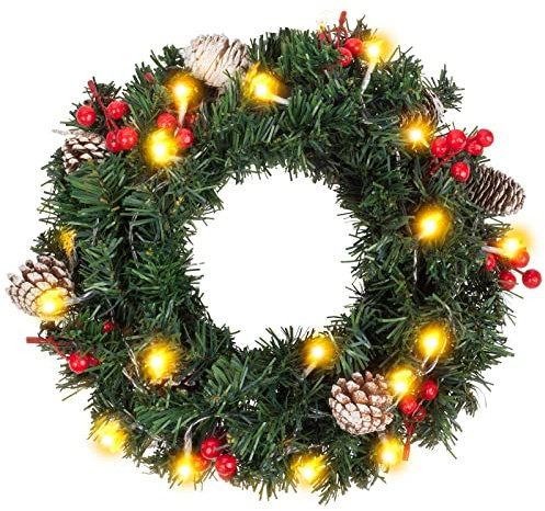 Christmas Wreath with Light, Christmas Wreath for front Door with LED Lights Pinecone Berries Artificial Pine Garland for Party Table Fireplaces Porch Walls New Years Xmas Home Decor