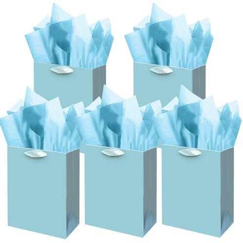 Gcardist Blauer See Geschenk Taschen mit Tissue Papier für Hochzeit, Geburtstag, Party Supplies-20x11x24cm Mittlere Größe Karton Geschenk Taschen (8x4.3x10Inch,5pcs Taschen +10pcs Tissue Papier)
