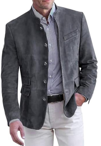 Onsoyours Blazer Décontracté à Col Montant pour Homme avec Poche à Revers et Manches Longues en Daim Vintage Décontracté Slim Bouton Costume d'affaires Blazer Veste