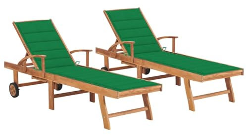 ShGaxin Tumbonas 2 unidadesds Madera Maciza de Teca con cojín Verde, Tumbonas Jardin Exterior, Tumbona Piscina, Sun Lounger, Tumbonas De Jardin, Cama Jardin Exterior, Tumbona De Playa