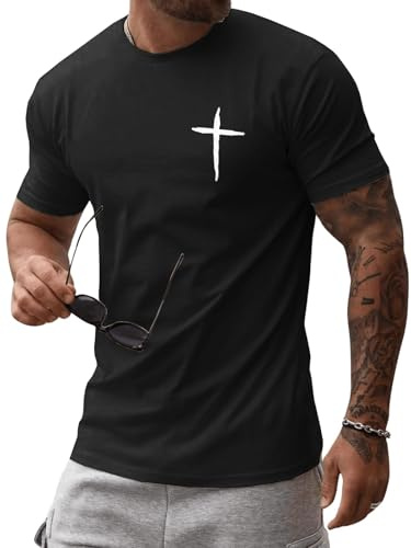 iudam Herren T-Shirts Baumwolle Rundhals Jesus Kurzarm Shirt | Jesus Kreuz Aufdruck, Casual, Slim Fit, Regular Fit, Sommer, Glaube Christus, Oberteile, Basic Tee