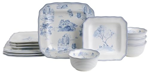 222 Fifth 12-Piece Porcelain Dinnerware Set for 4, Glossy White Plates and Bowls Set with Blue Decal, Elegant Square Ceramic Dish Set, Kitchen Tableware, Microwave & Dishwasher Safe, Scenic Toile