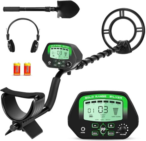 GMGXX Metalldetektor Profi, Metalldetektor für Erwachsene Kinder, 5+2 Modi, 10 Zoll Detektionstiefe, IP68 Wasserdicht Spule, Großer LCD-Bildschirm mit Hintergrundbeleuchtung&Kopfhörer&Schaufel