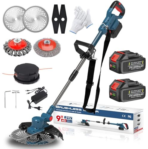 Rasentrimmer mit Akku und Unkrautbürste, Akku Rasentrimmer für Makita Akku mit 2X4.0Ah Akku, 21V Bürstenloser Freischneider, Elektro Motorsense, 5 Klingentypen, 23cm Schnittbreite