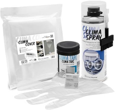 ErrecHome Kit de Nettoyage Climatisation, avec Clima Spray PRO nettoyant climatiseur+brosse à poils durs, housse de protection Clima Cover, Clima Tabs 40 tablettes pour évacuation condensats, gants