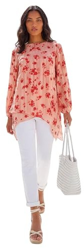 Roman Originals Rose Print Metallic Tunic Top for Women UK - Ladies Everyday Holiday Spring Summer Round Neckline Comfy Soft Evening Vacation Work Party - Light Pink - Size 16
