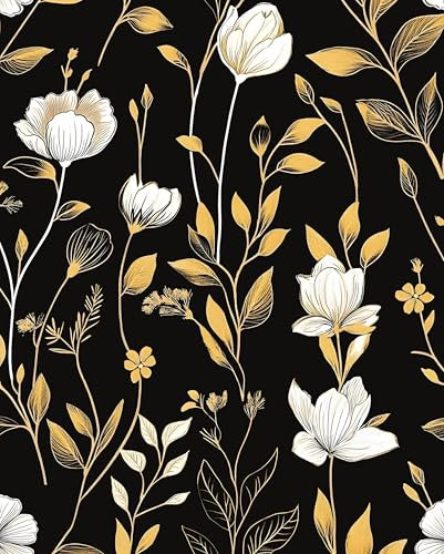 Black Gold Wallpaper Peel and Stick Dark White Floral Contact Paper 17.4 x 393 Waterproof Self-Adhesive Vintage Golden Botanical Wall Paper for Bedroom Living Room Countertop Desk Cabinets Decor