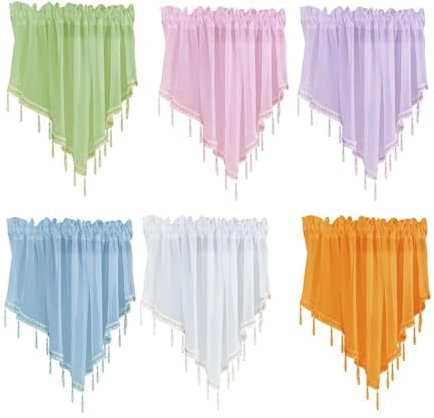 Tüll Dreieck Querbehang mit Kristallperlen Hängend Quasten Transparente Spitzenpaneele Fenstervorhang Kurz mit Stangendurchzug Weiß