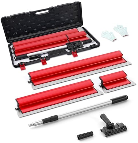 GJCrafts Set professionale di spatole da intonaco in valigetta - 3 spatole da intonaco (250mm, 600mm, 800mm) - Asta telescopica in alluminio - Attacco per manico (3 pezzi rossi)