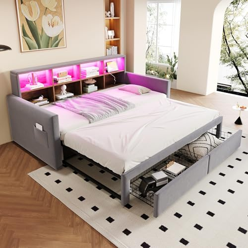 NNJN Ausziehbares Polsterbett Schlafsofa 90/180 x190cm, Kopfteil mit integrierten Staufächern, LED-Lichtleiste und Ladesteckdosen, Mit Zwei Schubladen und Lattenrost, Samtstoff (Hellgrau)