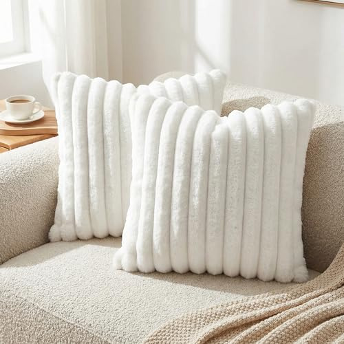 Neelvin 2er Set Dekorative Flauschig Plüsch Kissenbezug Gestreifte Künstlich Pelz Kissenbezüge Kissenhülle Dekokissen Zierkissenbezüge Sofakissen für Couch Sofa Wohnzimmer 50x50cm Cremeweiße