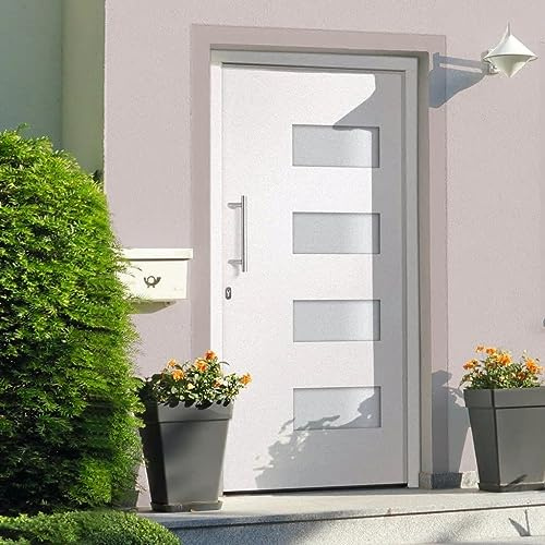 Eingangstür aus Aluminium und PVC, weiß, 110 x 210 cm, mit Rahmen, Aluminiumschwelle und verstellbaren Scharnieren, Sicherheitsverriegelungshaken mit 5 Positionen, Isolierglasung, Stahlverstärkung