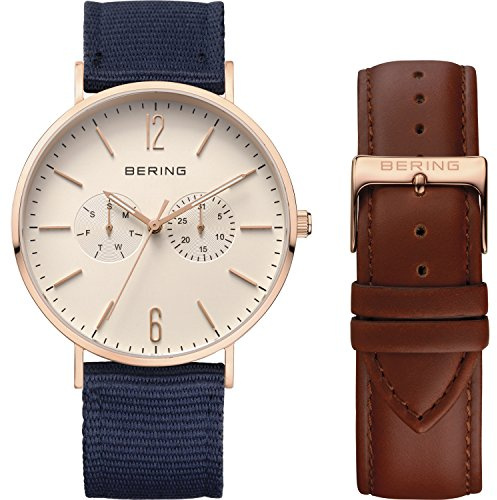 BERING Unisex Quarz Uhr | Armbanduhr 40 mm roségoldenes Edelstahlgehäuse und weißes Zifferblatt | Natoarmband | Saphierglas | 3 ATM | 14240-564