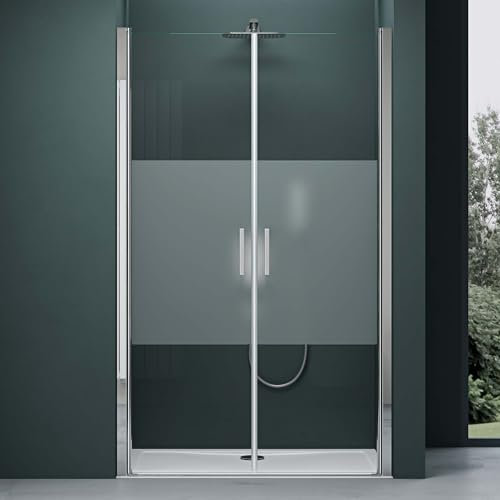 Mai & Mai Duschtür Nischentür dusche Duschabtrennung Duschkabine Schwingtür 180° Doppeltür 6mm ESG Nano-Beschichtung Satiniert Streifen mit Hebe- und Senkmechanismus 90x195cm Teramo24VS