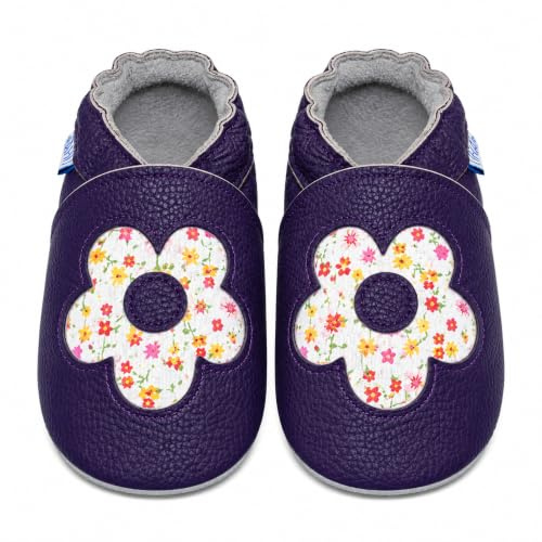 YIHAKIDS Krabbelschuhe Baby Weiche Leder Lauflernschuhe Kleinkind Lederschuhe Hausschuhe Babyschuhe Lederpuschen Lernlaufschuhe Mokassins(Size L, Dunkelviolett Blume, 12-18 Monate, 23 EU)