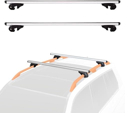 Amazon Basics Dachträger mit Querträger, 142 cm für Spannweiten von bis zu 126 cm zwischen erhöhten Seitenschienen mit Spalt, 2er-Pack, Schwarz/Silber
