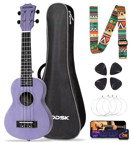 AODSK Concert 23 Inch Violet Ukulele, Starter Kit with Bag, Strap & Picks | Lightweight Body, Smooth Nylon Strings, Ideal for Beginners, Music Lovers, School, Travel, Birthday, Practice, Hobby, Gift