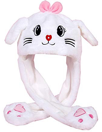 YEKEYI Hasenhut mit Ohren, springender Hasenhut, Tierhut, Pop-Up-Ohren, Plüsch-Hase, Kappe für Damen und Mädchen, Katze, weiß, Einheitsgröße