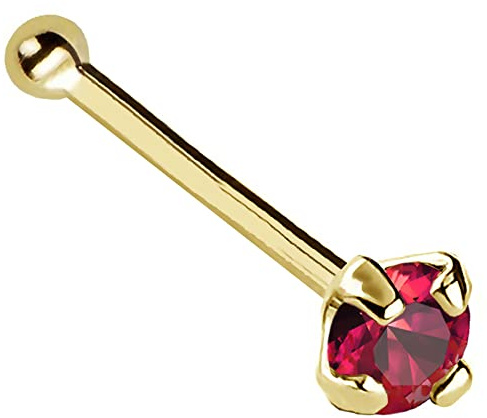 22G Solid 14Kt Gold Nose Bone Stud with Prong Set real Ruby Gemstone, 14kt Yellow Gold or 14kt White Gold - July Birthstone Nose Ring, Metal, ruby