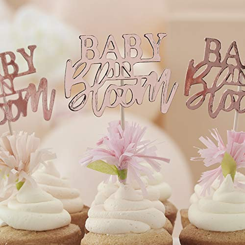 Ginger Ray Rose Gold Floral Baby Shower Cupcake Toppers, 12 pack