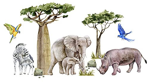 Wandtattoo Dschungeltiere Safari, Savanne, Zebra, Elefant, Nashorn, Tropische Bäume Kinderzimmer Junge Babyzimmer Wandsticker Wandaufkleber Bilder Osomhome (240x125cm)