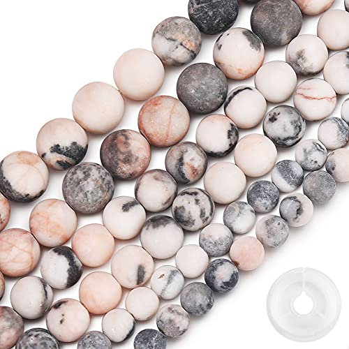 Natural Matte Pink Zebra Jasper Beads, 10MM Round Frosted Unpolished Loose Gemstone Beads for Bracelet Necklace Jewelry Making, Energy Stone Healing Power with Stretch Beading Cord